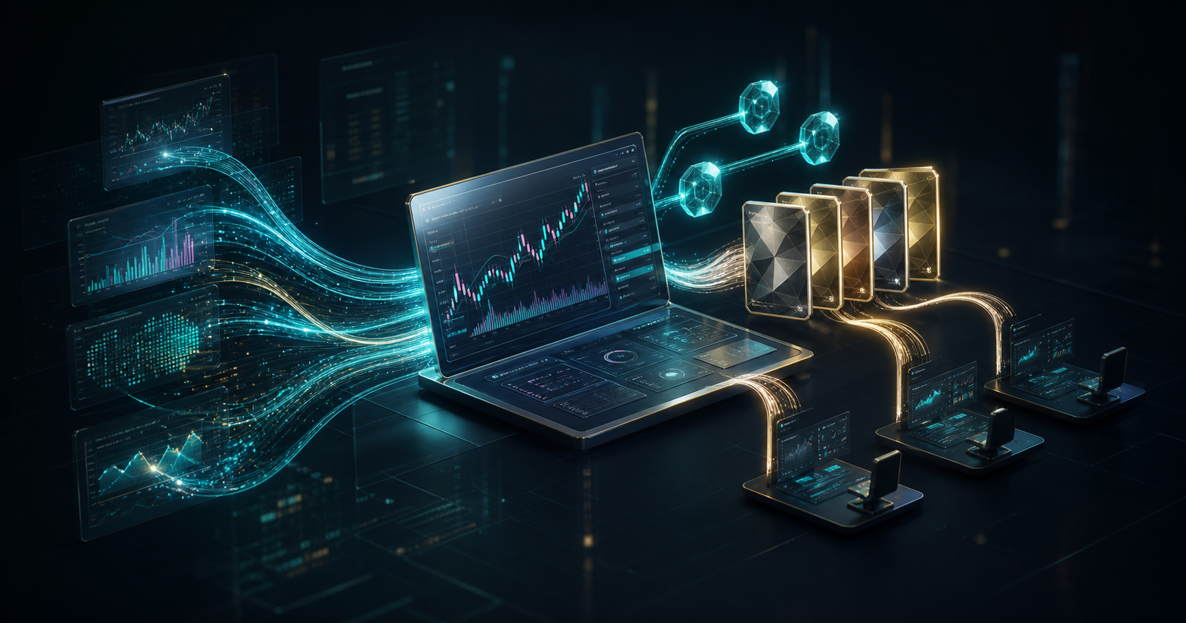 Abstract fintech strategy network with trading dashboards and connected strategy keys